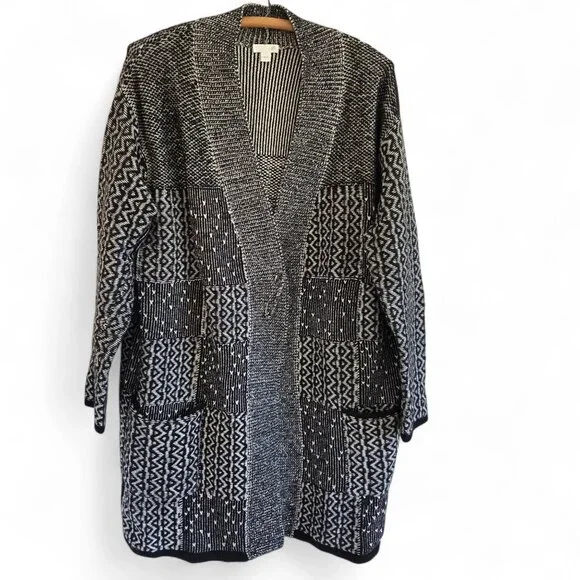 J. Jill Womens Black & White Patchwork Open Front Long Cardigan Sweater Large - Picture 3 of 15